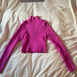 Cropped neon pink mock neck ribbed sweater from Zara